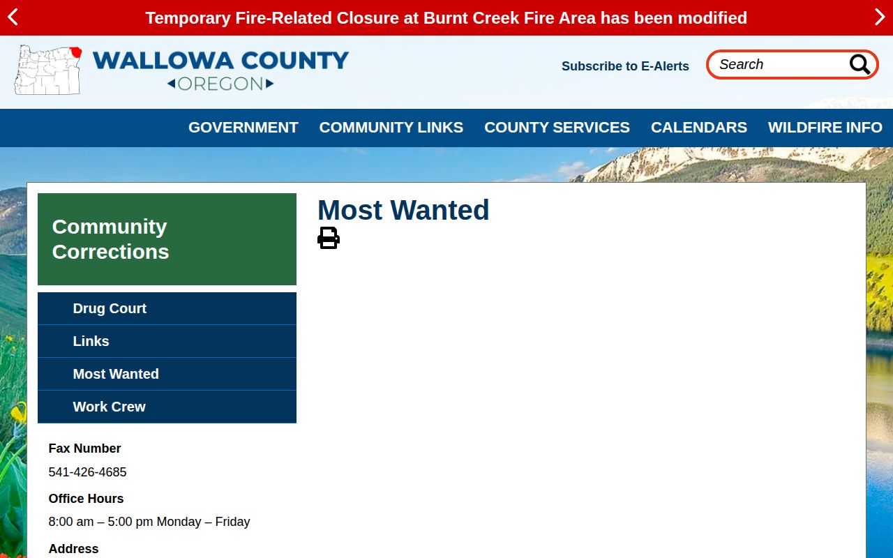 Wallowa County wanted fugitives information at the official Community Corrections most wanted page
